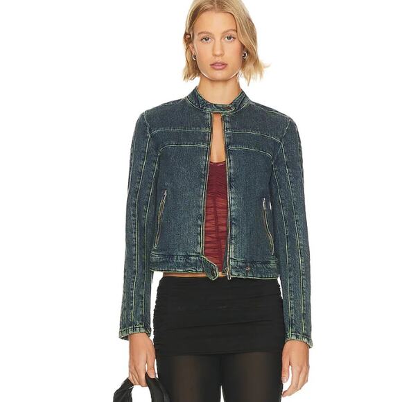 FREE PEOPLE x WE THE FREE Fast Lane Denim Moto Jacket Small Alchemy Blue NWT - Picture 3 of 13